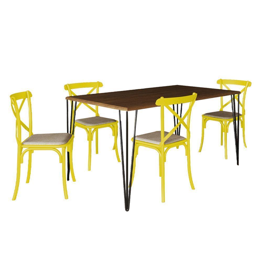 Conjunto De Mesa Elen Retangular Tampo De Madeira 140X80Cm Amêndoa Com 4 Cadeiras Katrina Amarela - 1