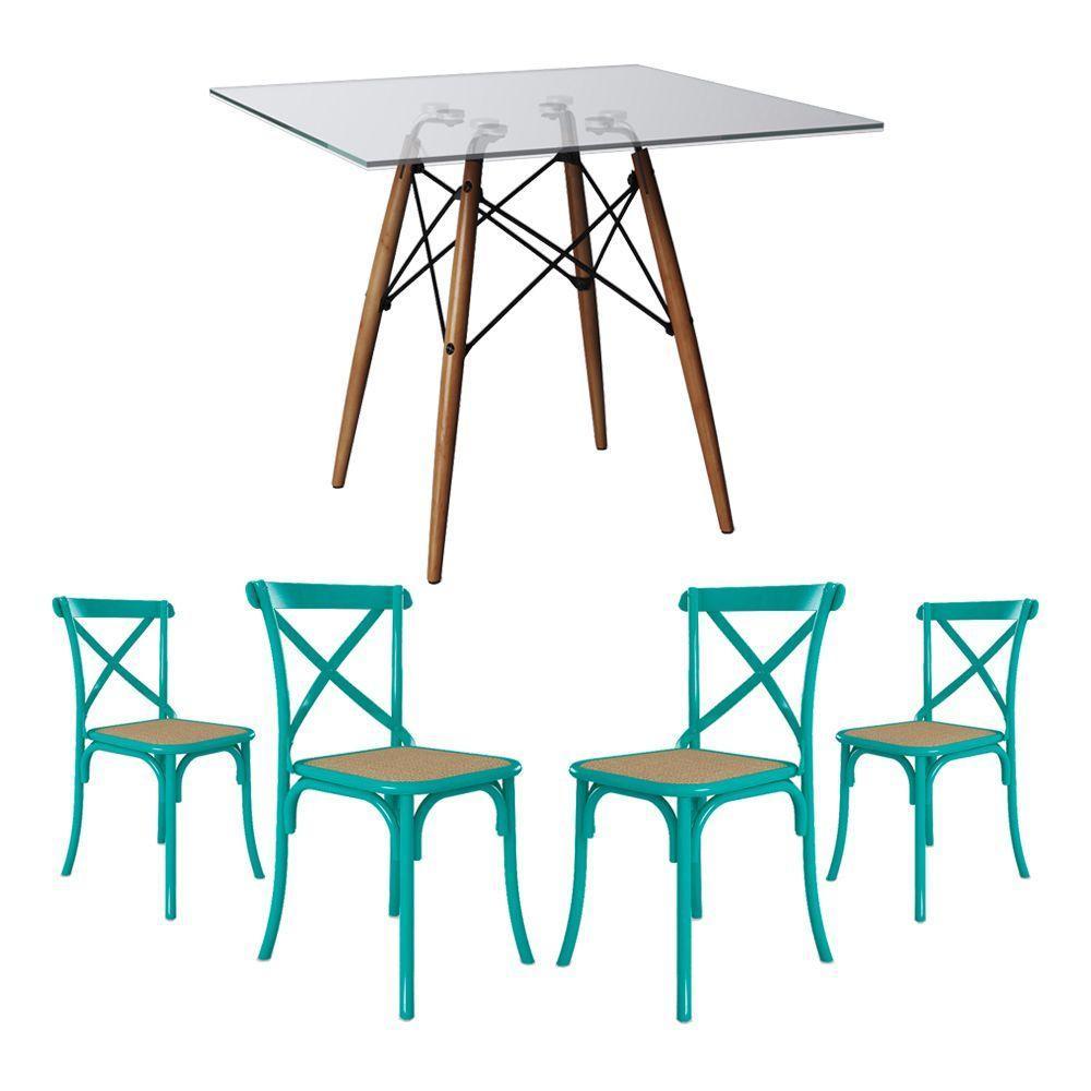 Conjunto De Mesa Eiffel Quadrado Tampo De Vidro 110Cm Com 4 Cadeiras Katrina Azul Turquesao - 1
