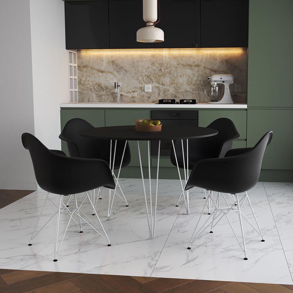 Mesa Jantar Redonda 90Cm Preta Clips 3 Pés Com 4 Poltronas Pretas Ferro Branco - Cor: Preto - 1