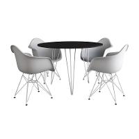 Mesa Jantar Redonda 90Cm Preta Clips 3 Pés Com 4 Poltronas Brancas Ferro Branco - Cor: Preto - 6