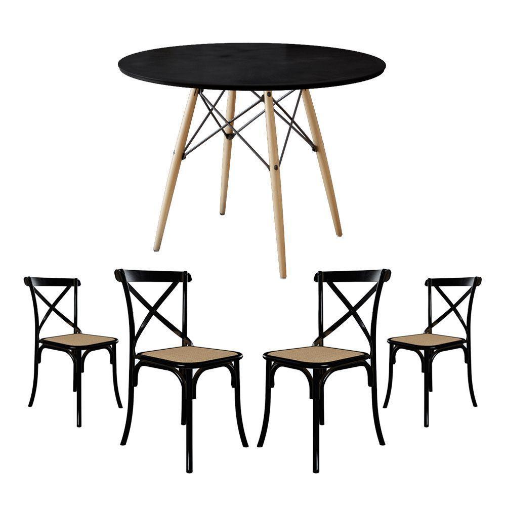 Conjunto De Mesa Eiffel Redondo Tampo De Madeira 110Cm Preto Com 4 Cadeiras Katrina Preto - 1