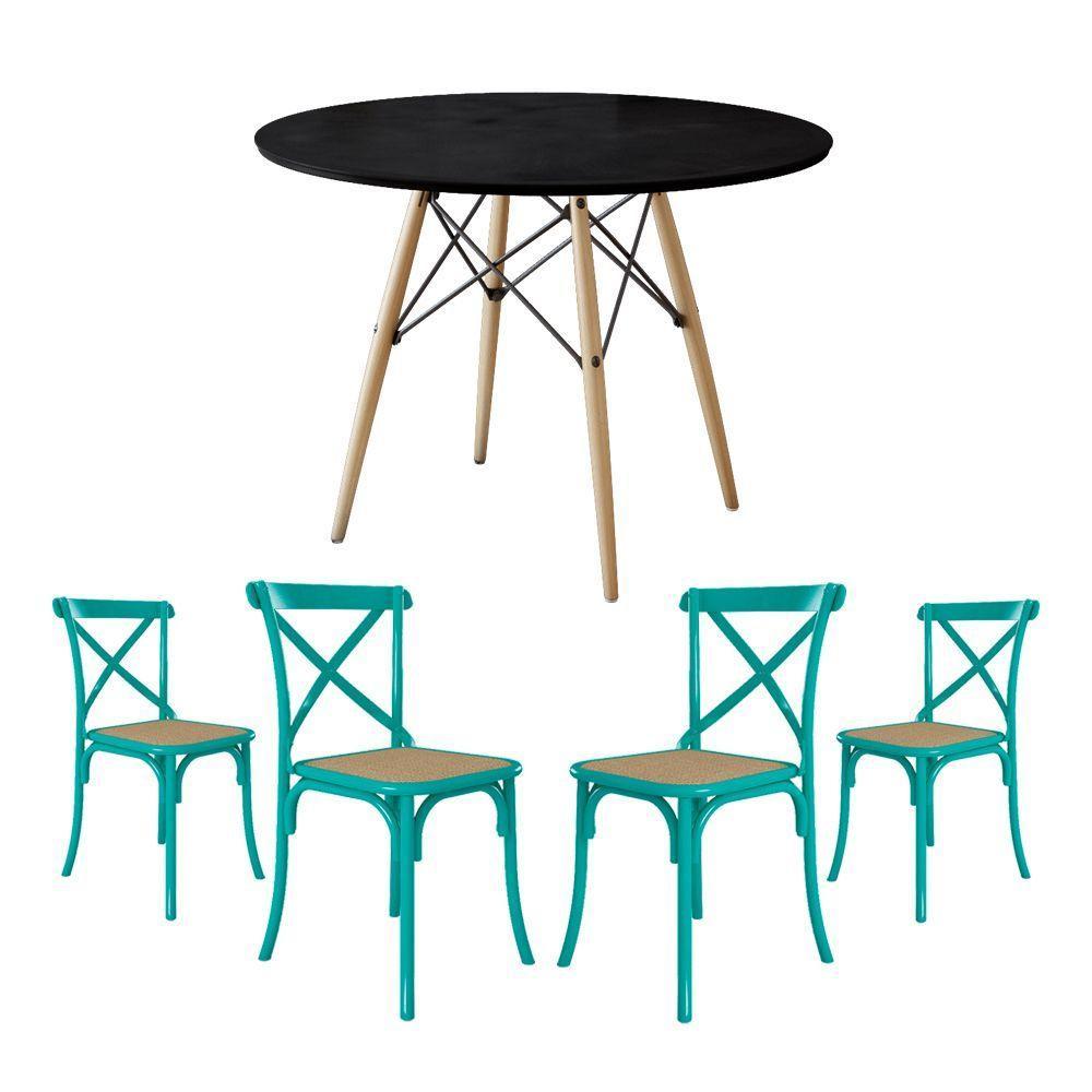 Conjunto De Mesa Eiffel Redondo Tampo De Madeira 90Cm Preto Com 4 Cadeiras Katrina Azul Turquesa - 1