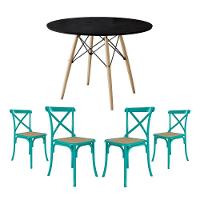 Conjunto De Mesa Eiffel Redondo Tampo De Madeira 90Cm Preto Com 4 Cadeiras Katrina Azul Turquesa - 1
