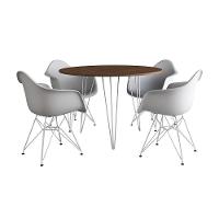 Mesa Jantar Redonda 90Cm Amêndoa Clips 3 Pés Com 4 Poltronas Brancas Ferro Branco - Cor: Amendoa - 6