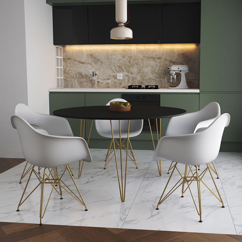 Mesa Jantar Redonda 110Cm Preta Clips 3 Pés Com 5 Poltronas Brancas Base Dourada - Cor: Preto - 1