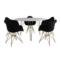 Mesa Jantar Redonda 110Cm Branca Clips 3 Pés Com 5 Poltronas Pretas Base Dourada - Cor: Branco - 8