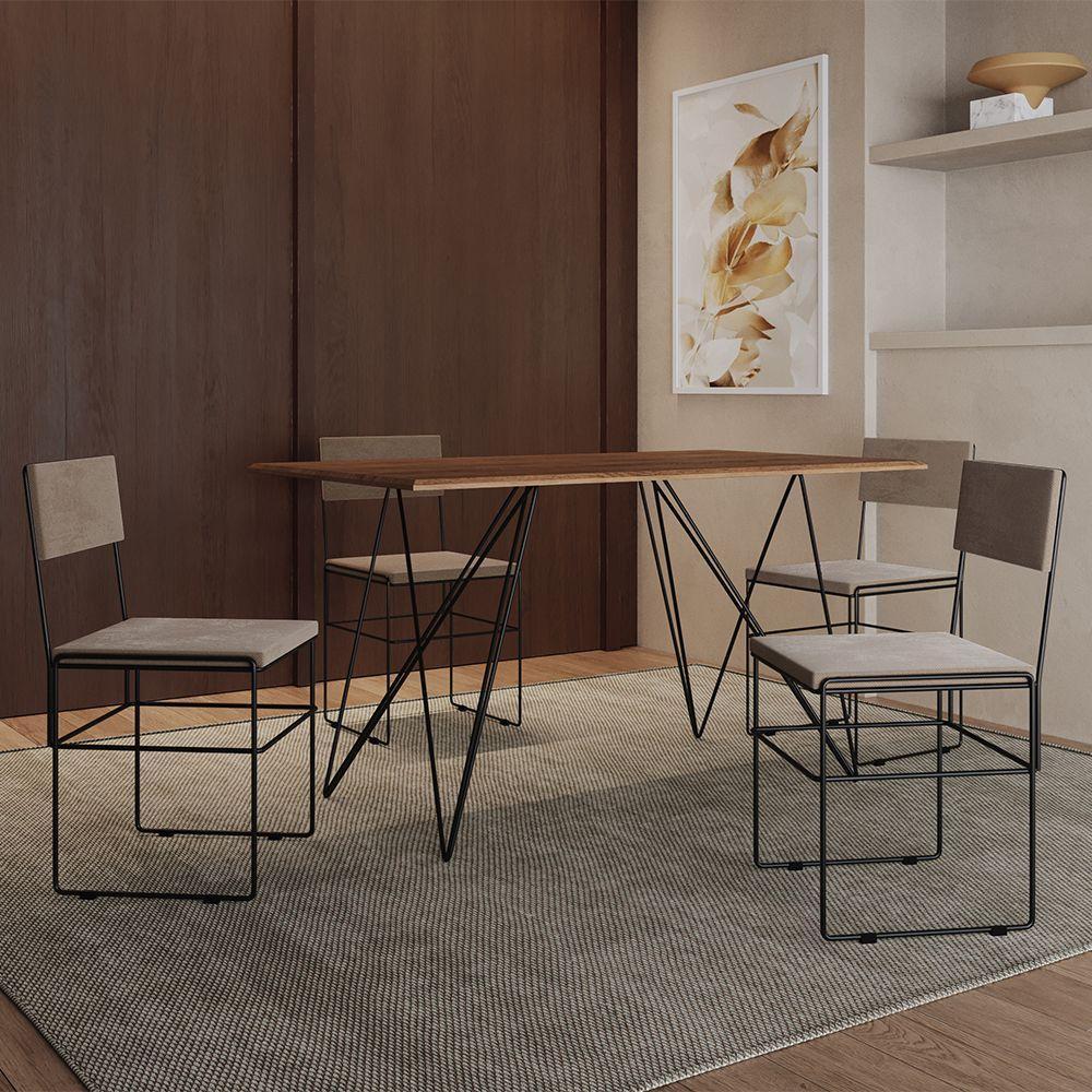 Mesa Jantar Industrial Trama 1,40X0,80M Amêndoa Com 4 Cadeiras Estofadas Vitória Bege E Preta - 1