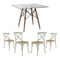 Jogo De Mesa Eiffel Quadrado Tampo De Vidro 110Cm Com 4 Cadeiras Katrina Off White Assento Bege - 1