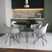 Mesa Jantar Redonda 90Cm Preta Clips 3 Pés Com 4 Poltronas Brancas Ferro Preto - Cor: Preto - 1