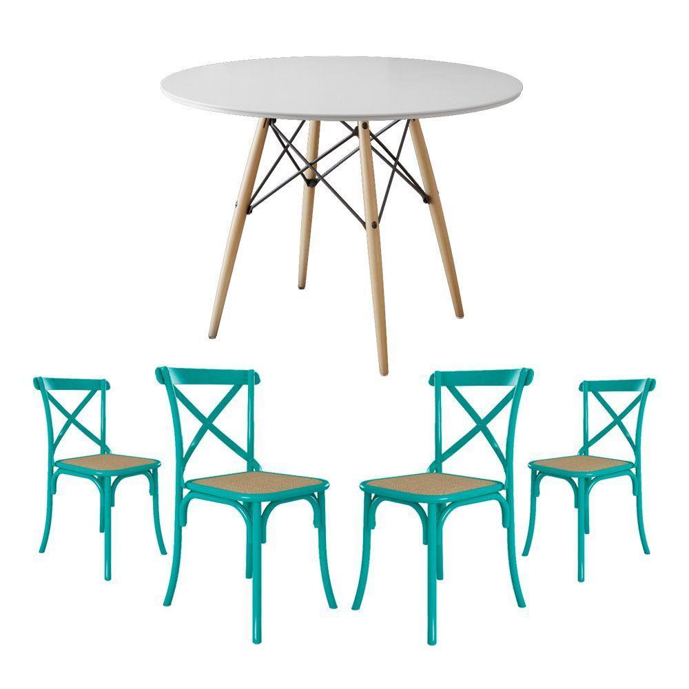 Conjunto De Mesa Eiffel Redondo Tampo De Madeira 90Cm Branco Com 4 Cadeiras Katrina Azul Turquesa - 1
