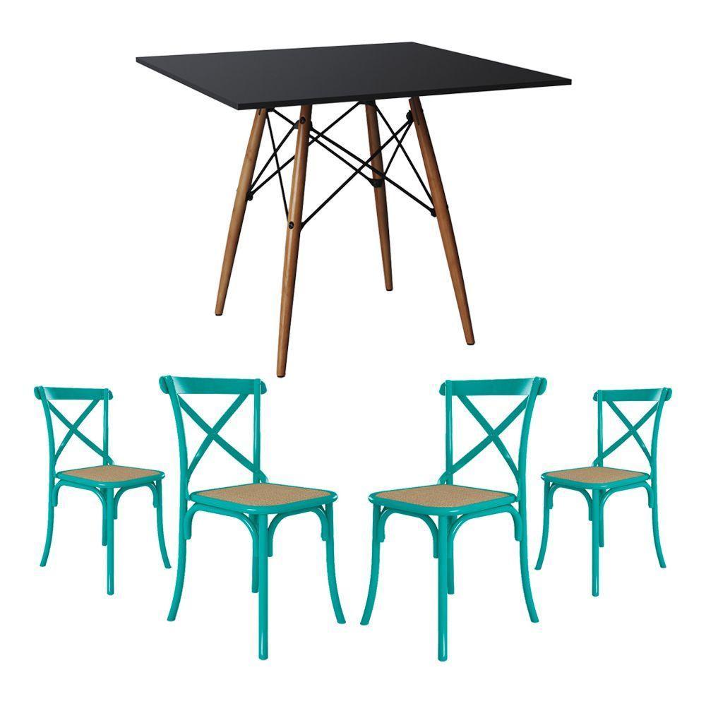 Jogo De Mesa Eiffel Quadrado Tampo De Madeira 90Cm Preto Com 4 Cadeiras Katrina Azul Turquesa - 1
