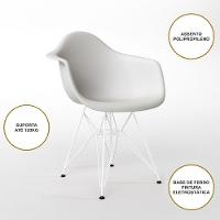 Mesa Jantar Redonda 110Cm Amêndoa Clips 3 Pés Com 5 Poltronas Brancas Ferro Branco - Cor: Amendoa
