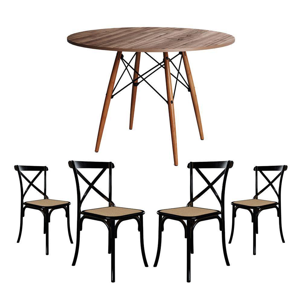 Conjunto De Mesa Eiffel Redondo Tampo De Madeira 110Cm Amêndoa Com 4 Cadeiras Katrina Preto Assento - 1