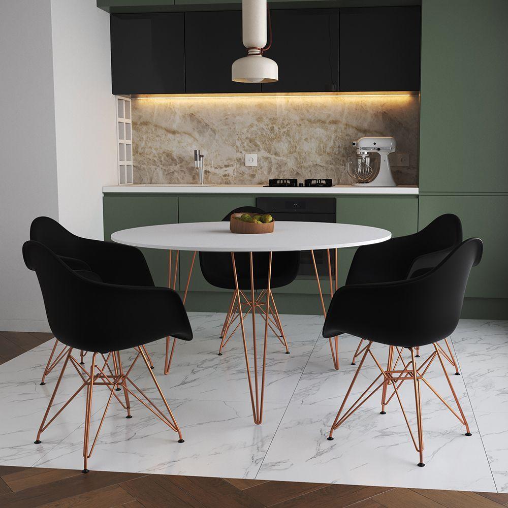 Mesa Jantar Redonda 110Cm Branca Clips 3 Pés Com 5 Poltronas Pretas Base Cobre - Cor: Branco - 1