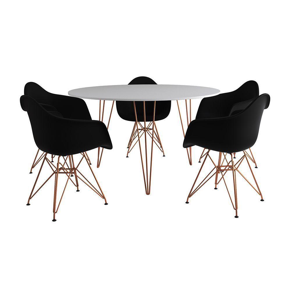 Mesa Jantar Redonda 110Cm Branca Clips 3 Pés Com 5 Poltronas Pretas Base Cobre - Cor: Branco - 6