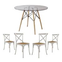Conjunto De Mesa Eiffel Redondo Tampo De Vidro 110Cm Com 4 Cadeiras Katrina Branca Assento Bege - 1