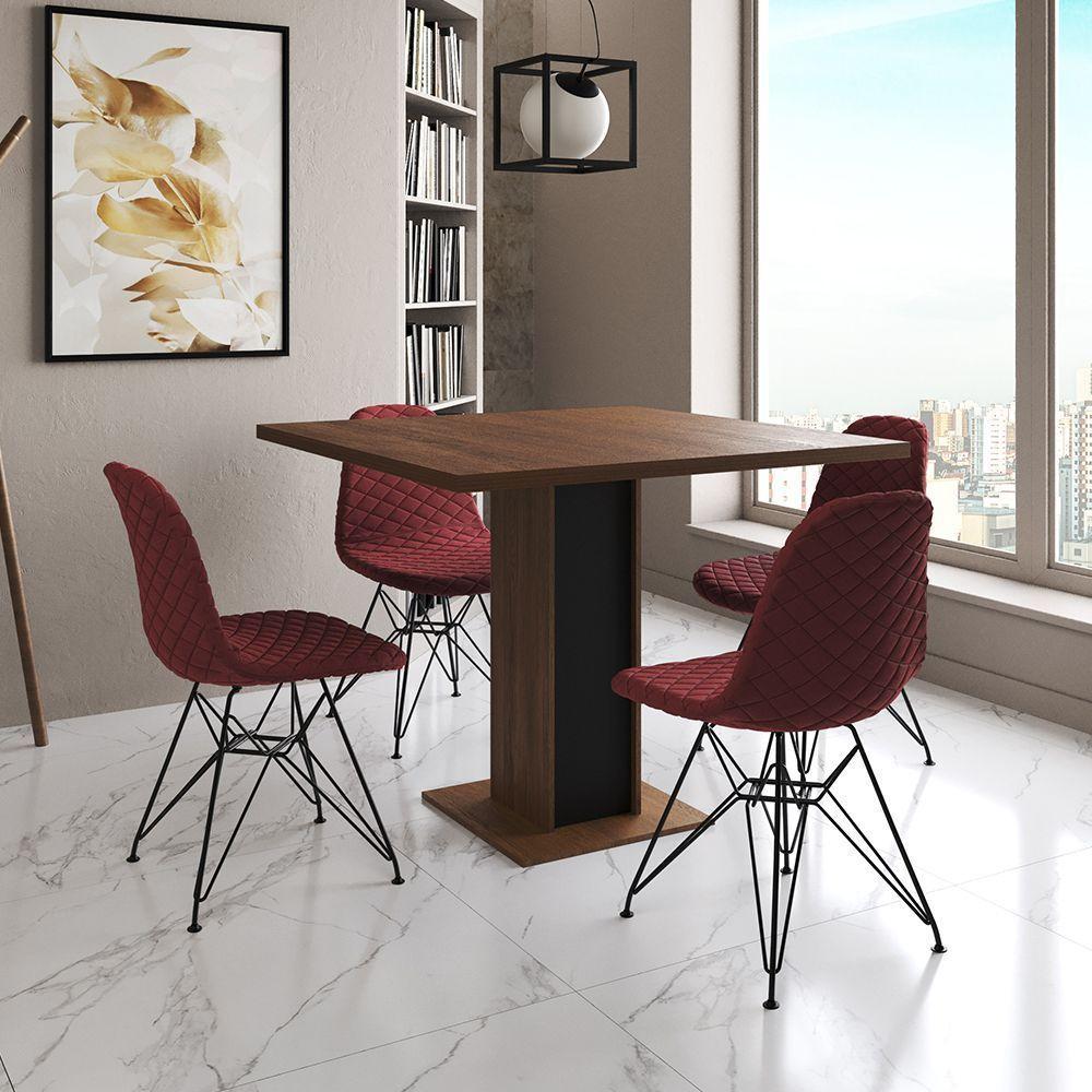 Mesa Jantar Londres Quadrada Amêndoa 90M Base Preta 4 Cadeiras Eames Estofadas Vermelho Ferro Preto - 1