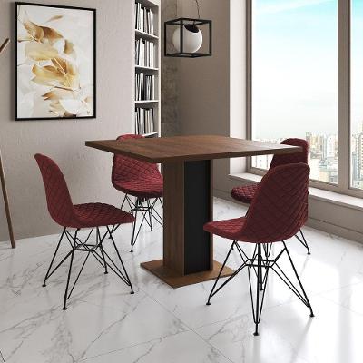 Mesa Jantar Londres Quadrada Amêndoa 90M Base Preta 4 Cadeiras Eames Estofadas Vermelho Ferro Preto