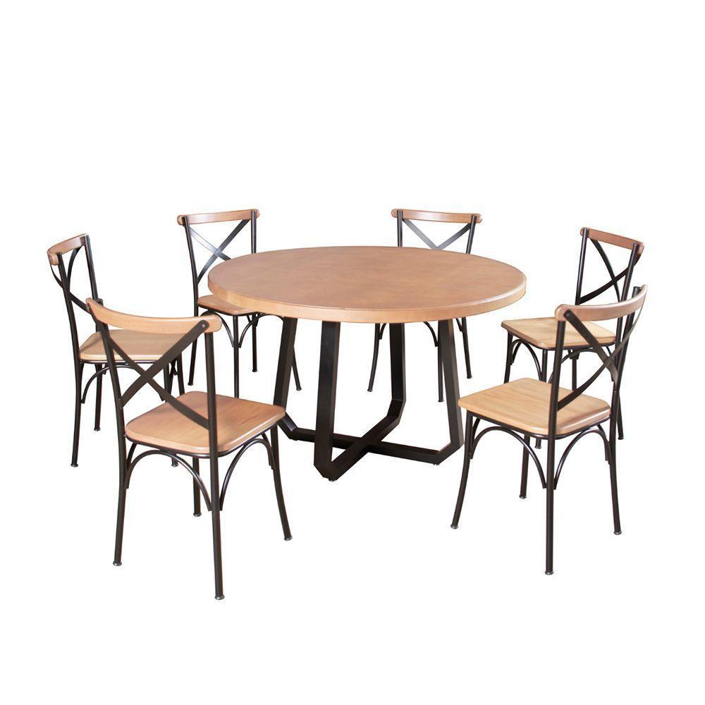 Mesa Jantar Redonda Clarisse 1,30M Com 6 Cadeiras Paris Base Alumínio - Natural - Marrom - 1