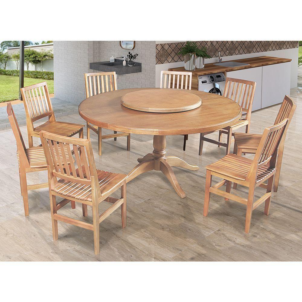 Mesa Jantar Redonda 1,60M Prato Giratório Amélia Com 8 Cadeira Ripada Confort Natural - Marrom - 1