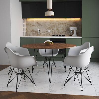 Mesa Jantar Redonda 110Cm Amêndoa Clips 3 Pés Com 5 Poltronas Brancas Ferro Preto - Cor: Amendoa