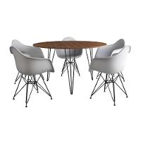 Mesa Jantar Redonda 110Cm Amêndoa Clips 3 Pés Com 5 Poltronas Brancas Ferro Preto - Cor: Amendoa - 6