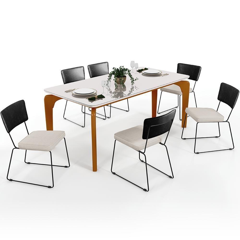 Mesa De Jantar 160cm Off White Com 6 Cadeiras Preto Cru - 1
