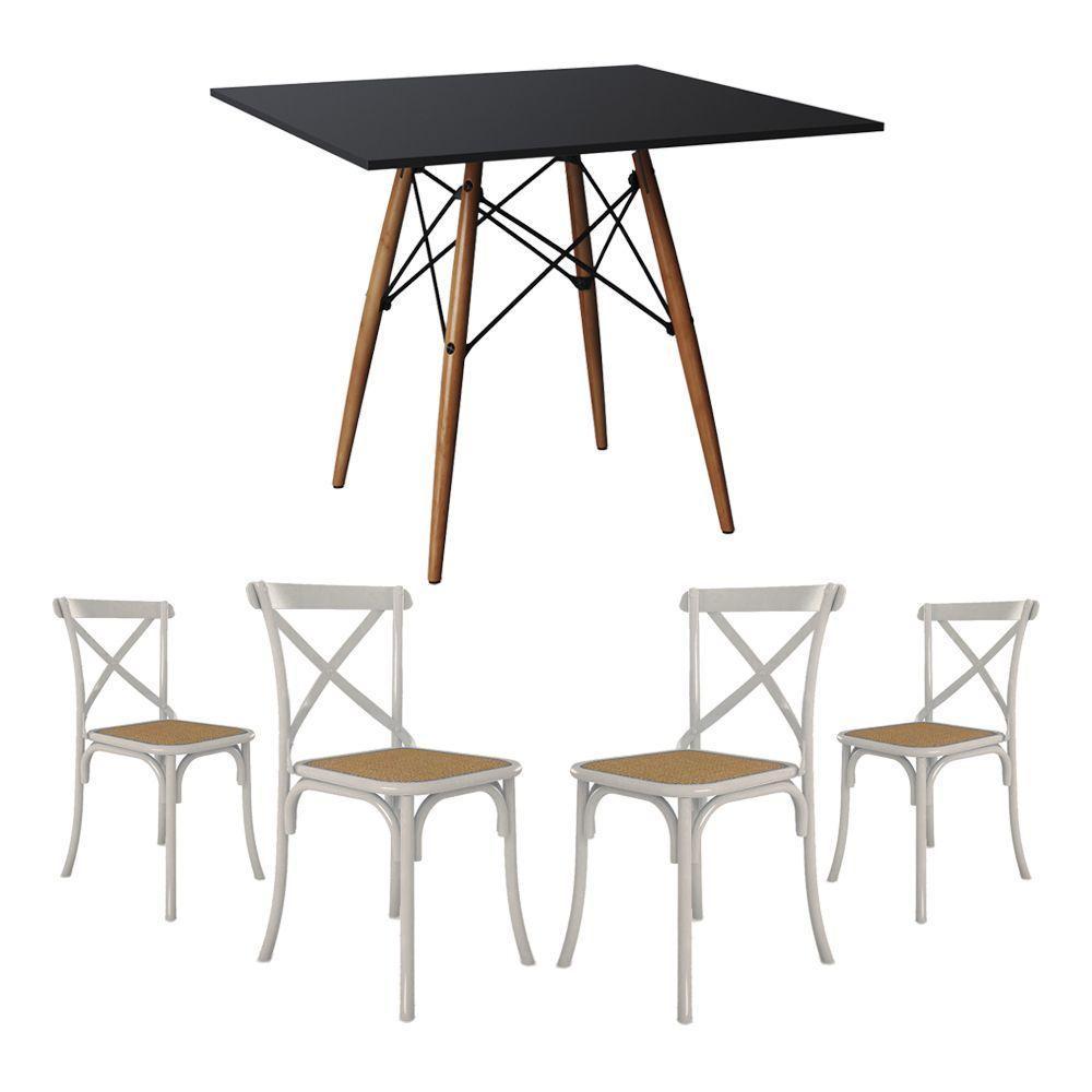 Conjunto De Mesa Eiffel Quadrado Tampo De Madeira 90Cm Preto Com 4 Cadeiras Katrina Brancao - 1