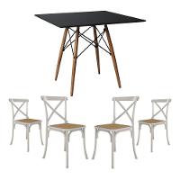 Conjunto De Mesa Eiffel Quadrado Tampo De Madeira 90Cm Preto Com 4 Cadeiras Katrina Brancao - 1