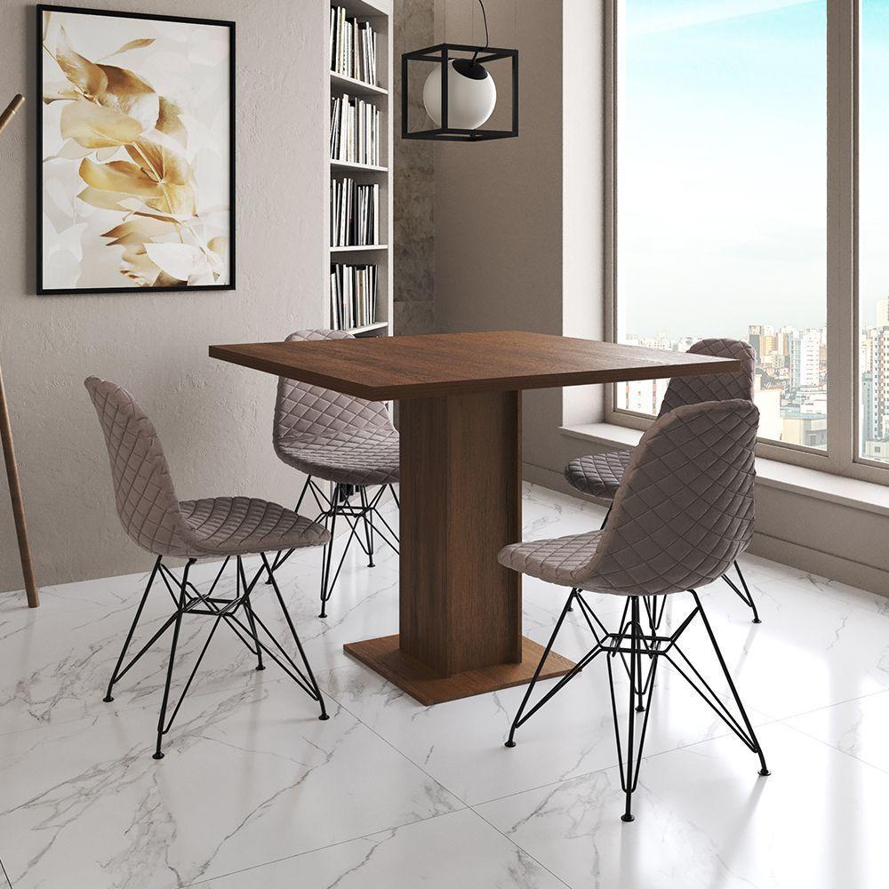 Mesa Jantar Londres Quadrada Amêndoa 90Cm 4 Cadeiras Eames Estofadas Nude Médio Ferro Preto - 1