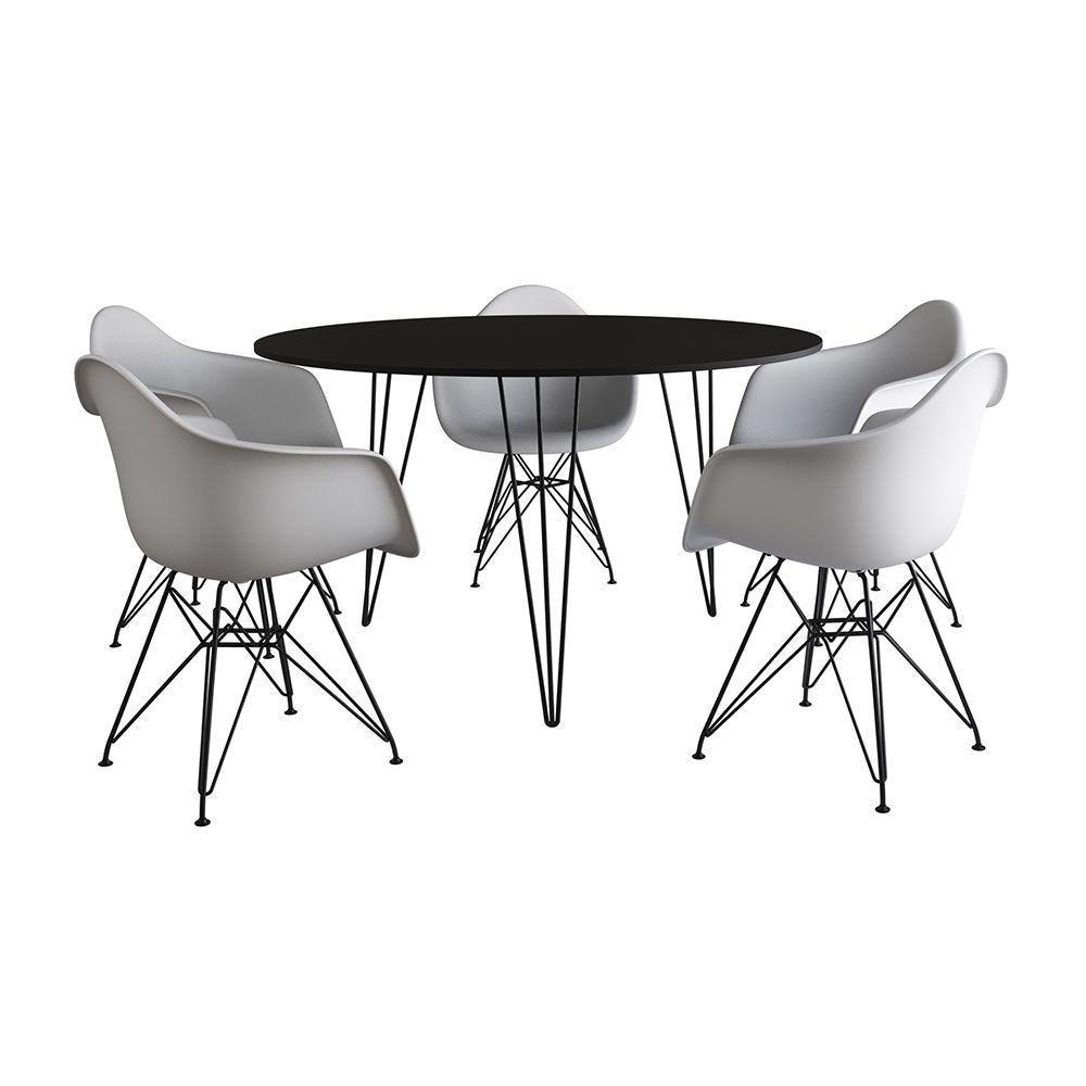 Mesa Jantar Redonda 110Cm Preta Clips 3 Pés Com 5 Poltronas Brancas Ferro Preto - Cor: Preto - 6