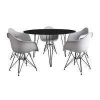 Mesa Jantar Redonda 110Cm Preta Clips 3 Pés Com 5 Poltronas Brancas Ferro Preto - Cor: Preto - 11
