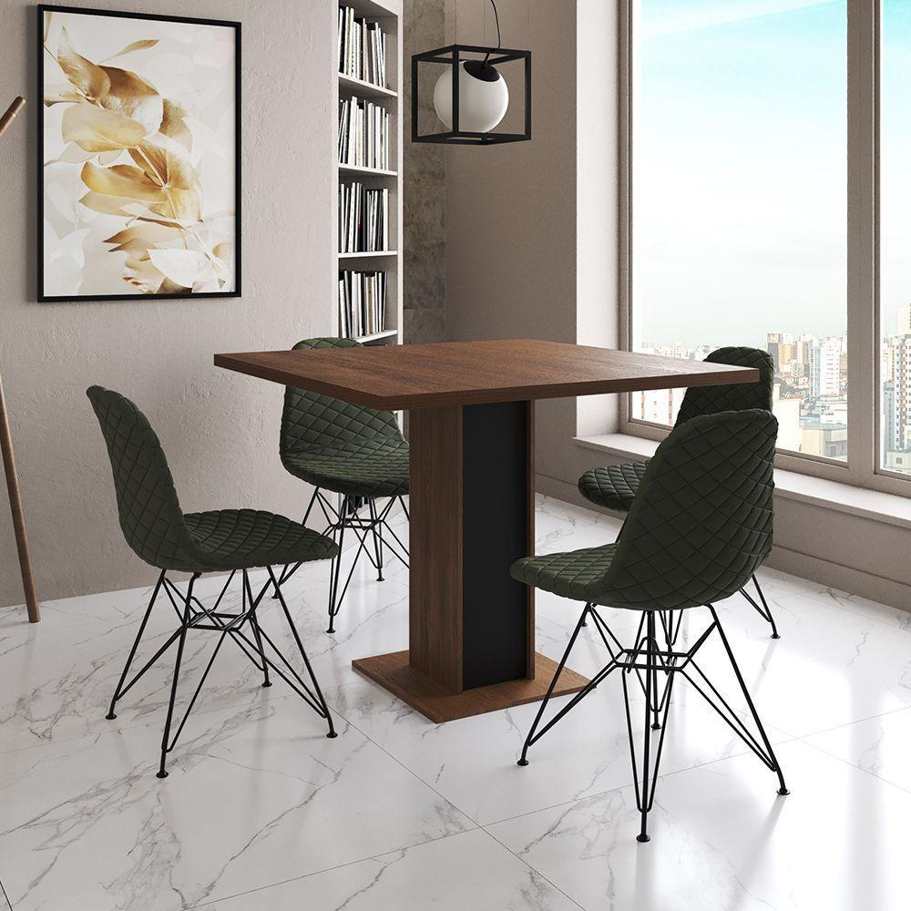 Mesa Jantar Londres Quadrada Amêndoa 90Cm Base Preta 4 Cadeiras Eames Estofadas Verde Ferro Preto - 1