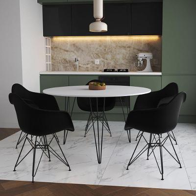 Mesa Jantar Redonda 110Cm Branca Clips 3 Pés Com 5 Poltronas Pretas Ferro Preto - Cor: Branco