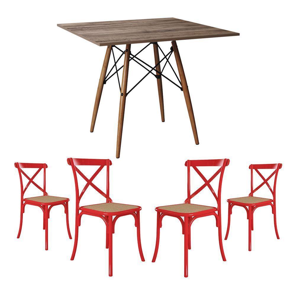 Jogo De Mesa Eiffel Quadrado Tampo De Madeira 90Cm Amêndoa Com 4 Cadeiras Katrina Vermelhao B - 1