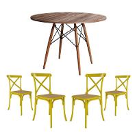 Conjunto De Mesa Eiffel Redondo Tampo De Madeira 110Cm Amêndoa Com 4 Cadeiras Katrina Amarela - 1