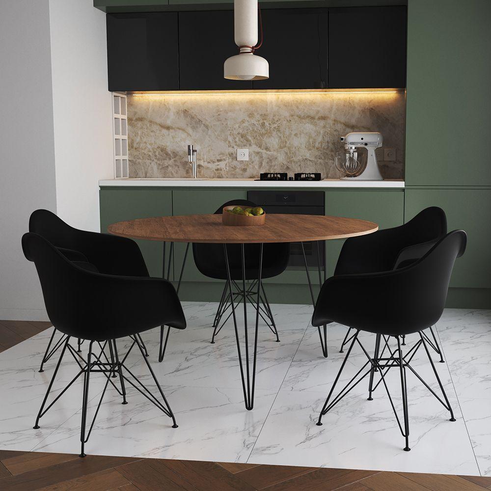 Mesa Jantar Redonda 110Cm Amêndoa Clips 3 Pés Com 5 Poltronas Pretas Ferro Preto - Cor: Amendoa - 1