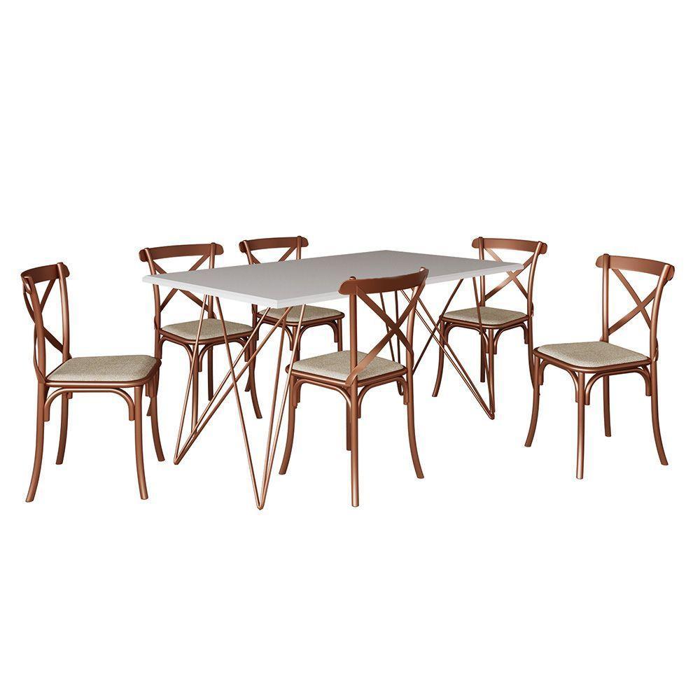 Conjunto Mesa De Jantar 6 Cadeiras Katrina Cobre Trama Premium Cobre E Branco 150 Cm - Cor: Marrom - 1