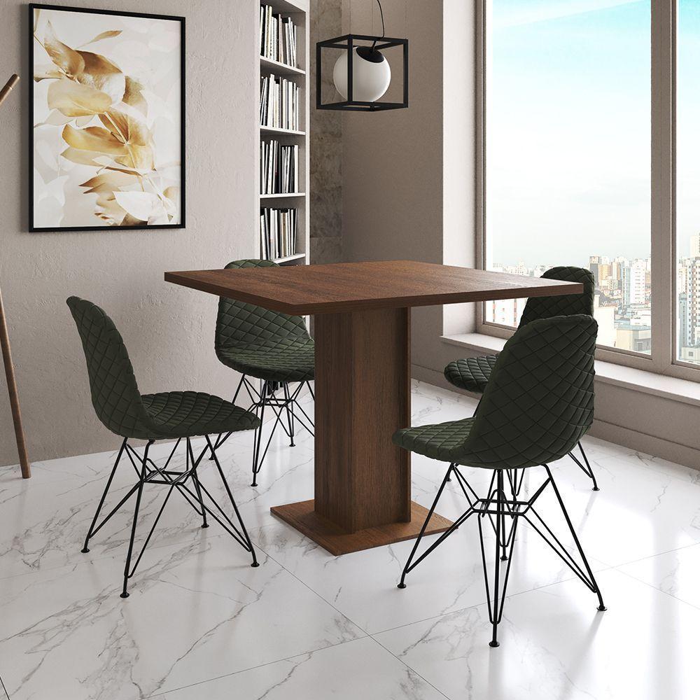Mesa Jantar Londres Quadrada Amêndoa 90Cm 4 Cadeiras Eames Estofadas Verde Ferro Preto - 1
