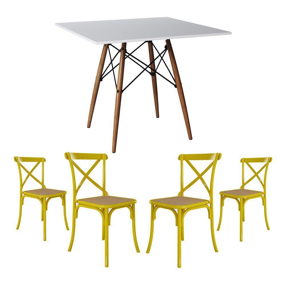 Conjunto De Mesa Eiffel Quadrado Tampo De Madeira 90Cm Branco Com 4 Cadeiras Katrina Amarelao - 1