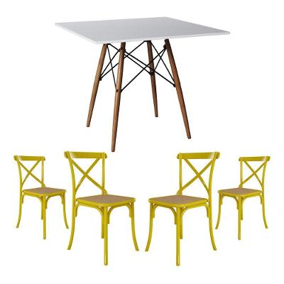 Conjunto De Mesa Eiffel Quadrado Tampo De Madeira 90Cm Branco Com 4 Cadeiras Katrina Amarelao