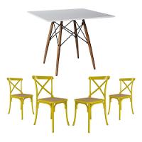 Conjunto De Mesa Eiffel Quadrado Tampo De Madeira 90Cm Branco Com 4 Cadeiras Katrina Amarelao - 1
