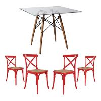 Conjunto De Mesa Eiffel Quadrado Tampo De Vidro 110Cm Com 4 Cadeiras Katrina Vermelha Assento Bege - 1