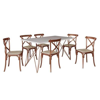 Mesa De Jantar Industrial Com 6 Cadeiras Cobre Premium Cobre E Branco 150 Cm - Marrom