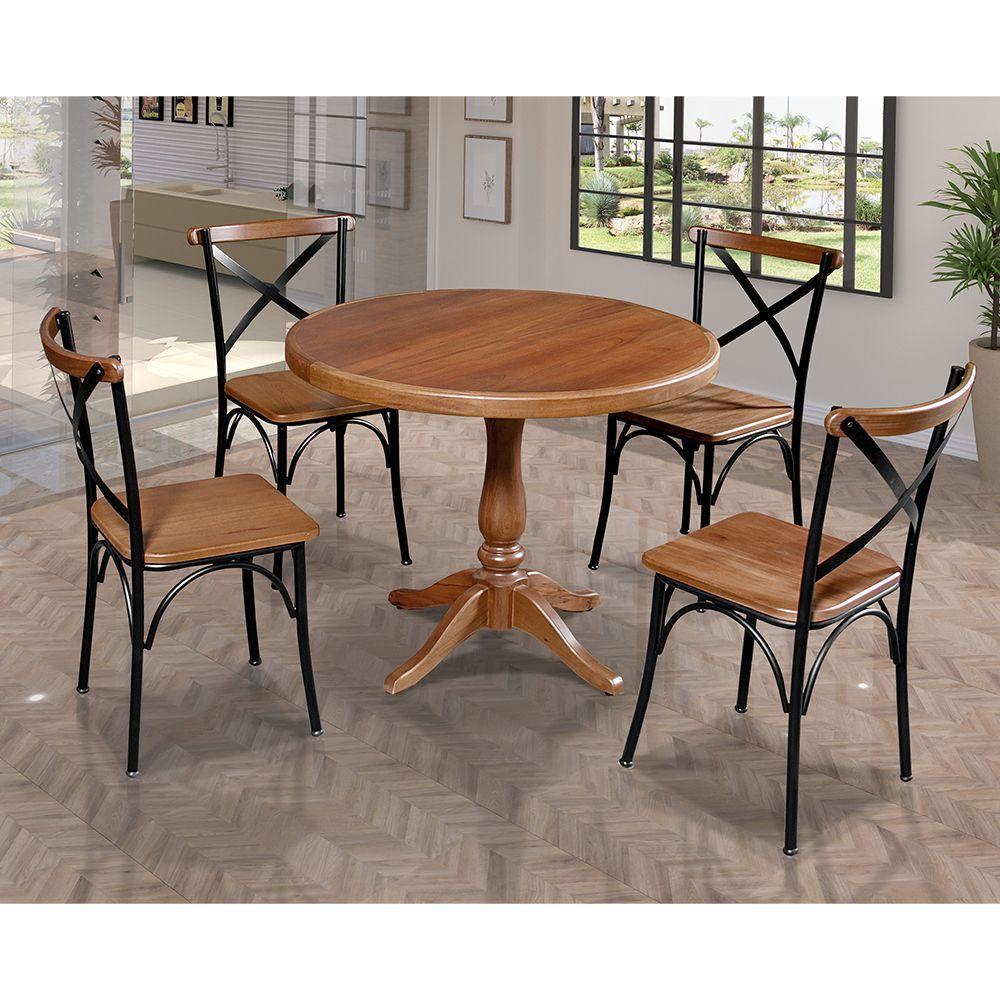 Mesa Jantar Redonda 1M Madalena Rústica Com 4 Cadeiras Paris Base Alumínio Castanho - Marrom - 1