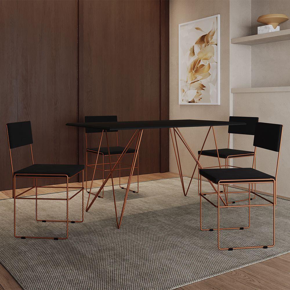 Mesa Jantar Industrial Trama 1,40X0,80M Preta Com 4 Cadeiras Estofadas Vitória Cobre E Preta - 1