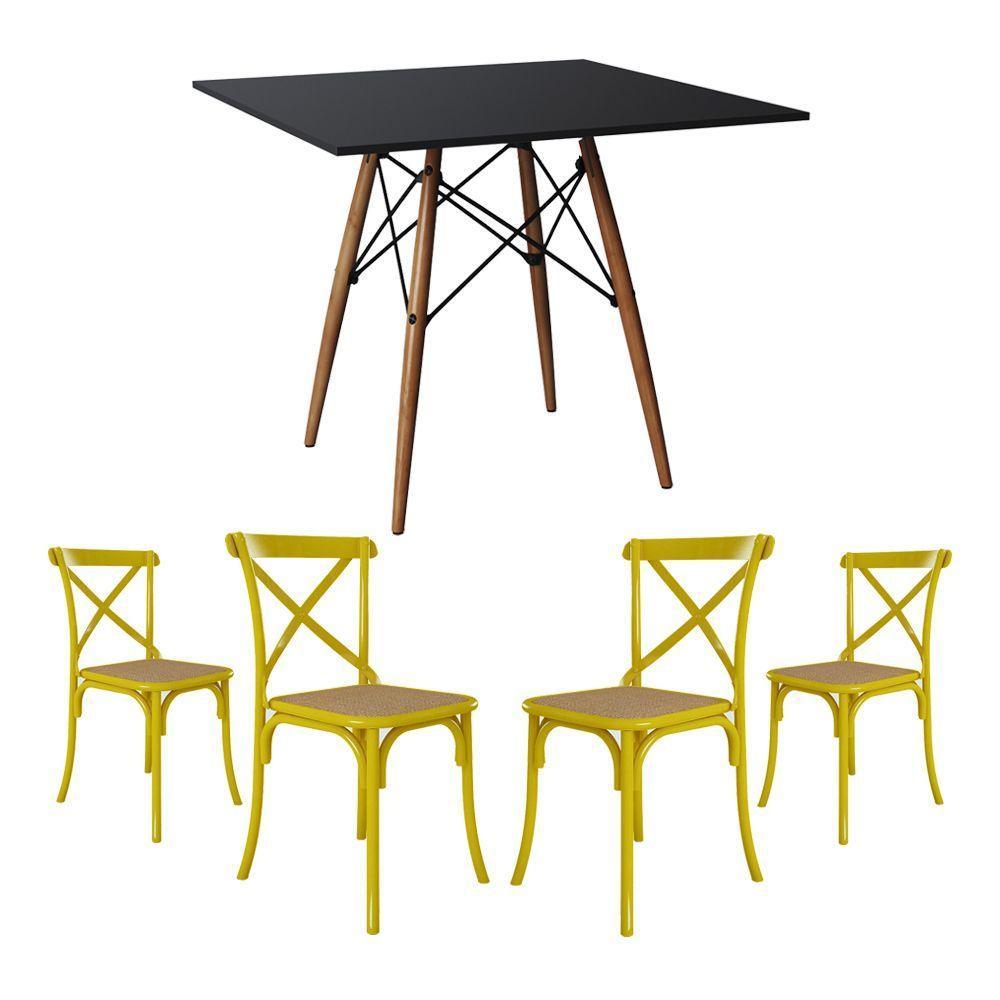 Conjunto De Mesa Eiffel Quadrado Tampo De Madeira 90Cm Preto Com 4 Cadeiras Katrina Amarela Assento - 1