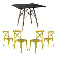 Conjunto De Mesa Eiffel Quadrado Tampo De Madeira 90Cm Preto Com 4 Cadeiras Katrina Amarela Assento - 1