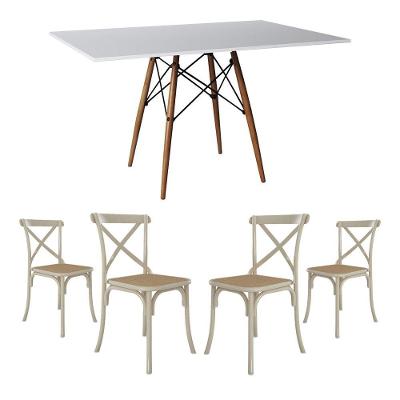 Jogo De Mesa Eiffel Retangular Tampo De Madeira 120X75Cm Branco Com 4 Cadeiras Katrina Off White
