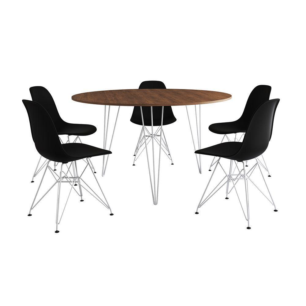 Mesa Jantar Redonda 110Cm Amêndoa Clips 3 Pés Com 5 Cadeiras Pretas Ferro Branco - Cor: Amendoa - 6
